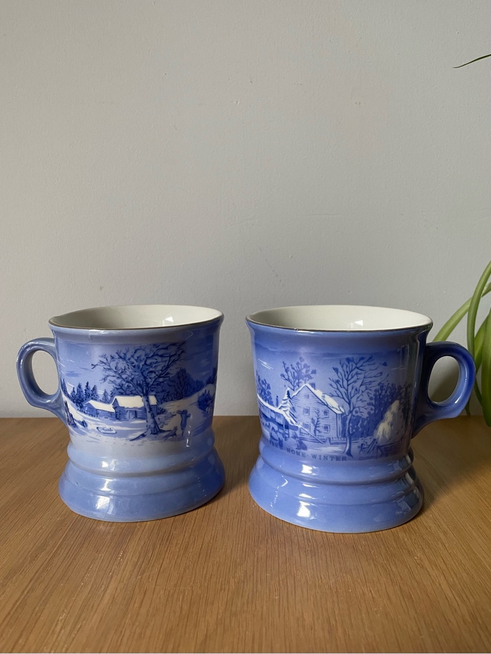 Vintage Currier & Ives Blue Transfer Winter Scene Mugs Set of 2